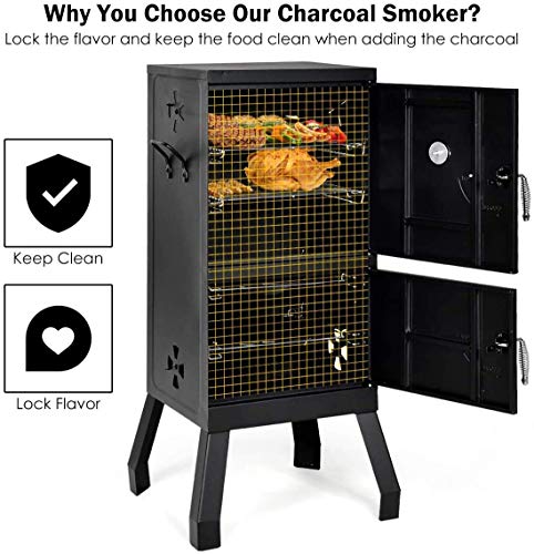 Moccha Smoked Carbon Oven, Vertical Charcoal Smoker, Outdoors Charcoal Barbeque, Iron Structure, Two Layers Design, with Two Chrome-Plated Nets, Two Charcoal Pots, Suitable for Lawn Picnic, Black