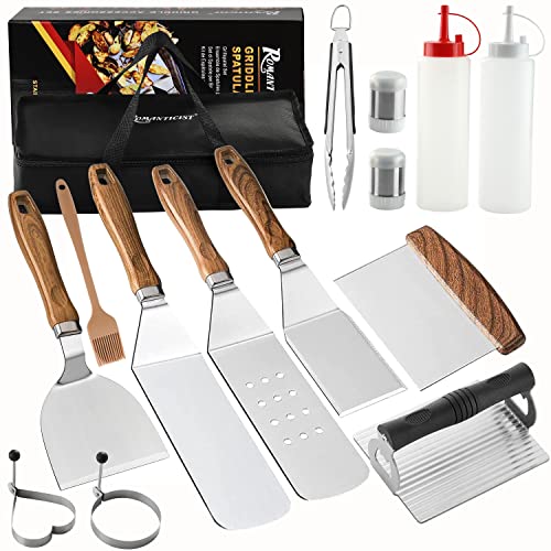 ROMANTICIST 15PC Professional Griddle Accessories Set with Smash Burger Press, Stainless Steel Grill BBQ Spatula Set, Complete Flat Top Grill Tools Kit for Men Women Indoor/Outdoor Hibachi Grilling