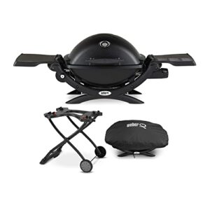 weber q 1200 gas grill - lp gas (black) with portable cart and grill cover bundle (3 items)