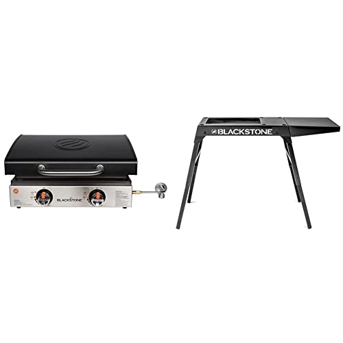 Blackstone 1813 Stainless Steel Propane Gas Hood Portable, 12, 000 BTUs, 22 Inch, Black & Universal Griddle Stand with Adjustable Leg and Side Shelf -(Black)