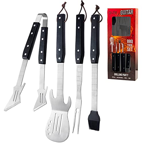 Gifts for Men - BBQ Grilling Set, 4 Piece Set - Heavy Duty Stainless Steel, Outdoor and Indoor Use, Perfect for Music Lover (Guitar)