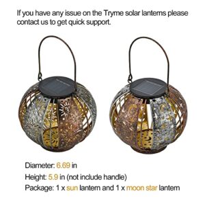 Tryme Solar Lanterns Outdoor Waterproof Moon Star Sun Hanging Solar Garden Lanterns Lights with Handle Patio Decorations for Table Yard (Bronze and Silver)