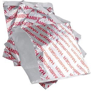 retro, grease proof burger wrappers 50 pk. great bpa free cookout supply. pro quality bulk hamburger bags are large and insulated. allergen friendly bbq foil paper perfect for baseball themed party.