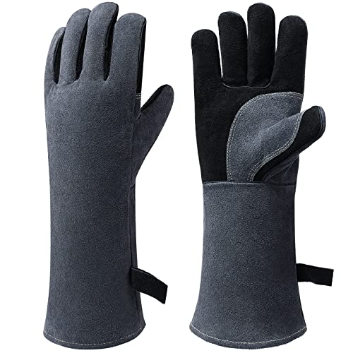 BESSTEVEN 16in Leather Welding Gloves 932℉/500℃ Heat Resistant Pizza Oven Mitts Grill BBQ Fireplace Gloves for Men Women Grilling Cooking Baking Welder Ironworker Smoker Gifts