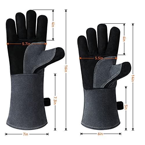 BESSTEVEN 16in Leather Welding Gloves 932℉/500℃ Heat Resistant Pizza Oven Mitts Grill BBQ Fireplace Gloves for Men Women Grilling Cooking Baking Welder Ironworker Smoker Gifts