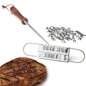 harlov enhanced bbq meat branding iron with changeable letters and a handy draw-string carry bag and plastic letter case - great for branding steaks, burgers, chicken with your name; labor day gift