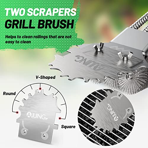 AJIJING Grill Brush for Outdoor Grill, 18" BBQ Brush for Grill Cleaning Stainless Steel Wire Bristle BBQ Grill Cleaner Brush with Scraper Accessories (1 Pack)