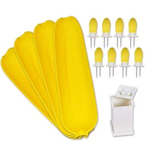 recoil corn cob holders skewers bbq twin prong holders, corn dishes and butter spreader set kits, includes 8 corn cob holders, 4 corn dishes and butter spreader