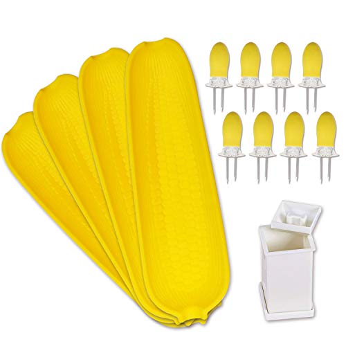 Recoil Corn Cob Holders Skewers BBQ Twin Prong Holders, Corn Dishes and Butter Spreader Set Kits, Includes 8 Corn Cob Holders, 4 Corn Dishes and Butter Spreader