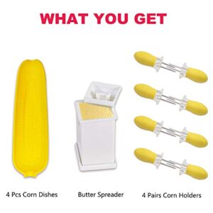 Recoil Corn Cob Holders Skewers BBQ Twin Prong Holders, Corn Dishes and Butter Spreader Set Kits, Includes 8 Corn Cob Holders, 4 Corn Dishes and Butter Spreader