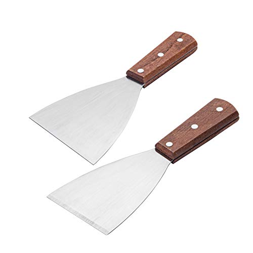 2PCS Stainless Steel Slant Grill Griddle Spatula Scraper Diner Flat Straight Blade with Riveted Wooden Handle, Perfect for Kitchen Food Service, Blackstone Griddle Scraper Cleaning, Barbecue Supplies