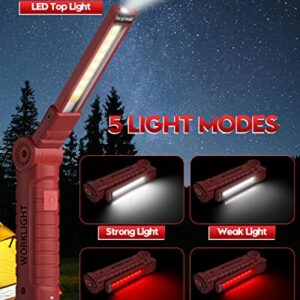 Rechargeable Flashlights, Coquimbo LED Work Lights with Magnetic Base 5 Modes 360° Rotate, Tool Gifts for Men, Dad, Husband, Handyman﻿ (2 Pack, Red)