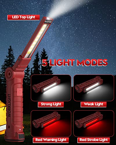 Rechargeable Flashlights, Coquimbo LED Work Lights with Magnetic Base 5 Modes 360° Rotate, Tool Gifts for Men, Dad, Husband, Handyman﻿ (2 Pack, Red)