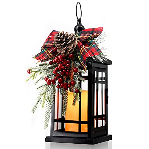 Christmas Candle Lantern,Decorative Lantern with Led Candle Battery Operated Hanging Lanterns Flameless Candle Lantern for Home Christmas Indoor Outdoor Decorations-Red