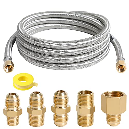 ATKKE 10FT High Pressure Propane Extension Hose with Conversion Couplings Kit, Steel Braided Propane Gas Line with Pipe Fitting 3/8" Flare for BBQ Grill, Heater, Fire Pit