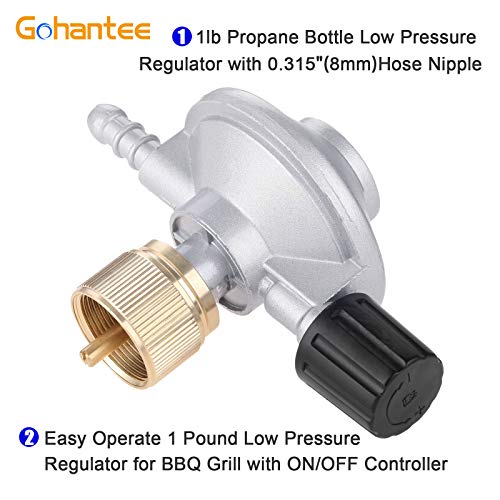 gohantee Propane Low Pressure Regulator Ajustable Flow with 8mm Barb Hose Connection Connect 1LB Disposal Bottle Valve for Camping Stove