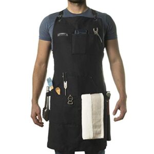 asaya chef, bbq and work apron with bottle opener and hand towel - durable 10oz cotton canvas, brass hardware and cross back straps - for men, women, grilling, and cooking (black)