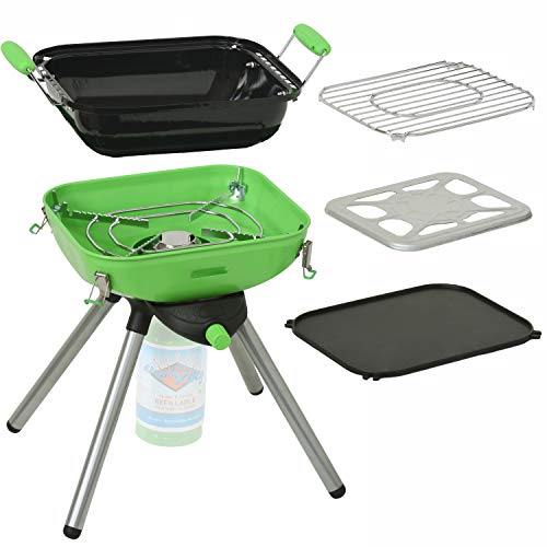 Flame King YSNVT-301 Multi-Function Portable Propane BBQ Grill Camp Stove, 8000 BTU 9.5 x 12 Inch Cooking Surface, Light Green/Black