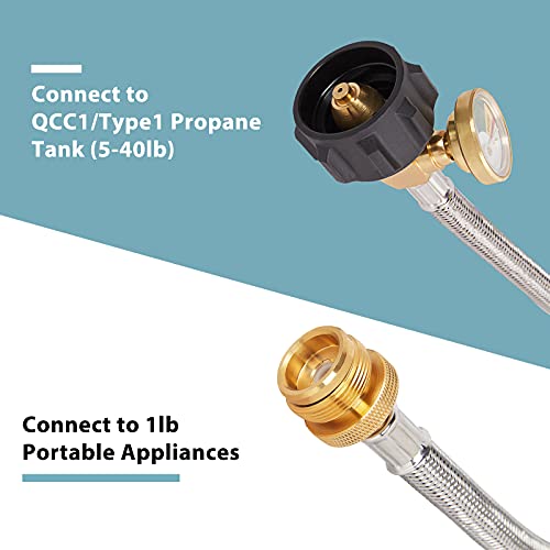 SHINESTAR 6FT Braided Propane Hose Adapter with Gauge, Fits for Coleman Camping Stove, Weber Q Grill, Blackstone Tabletop Griddle and More, Connects to 5-40lb Propane Tank