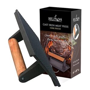 humos pre seasoned cast iron meat press cool touch wooden handle 8”x4” heavy duty for paninis, crispy bacon, evenly cooked steak, healthier burgers, sandwiches and vegetables