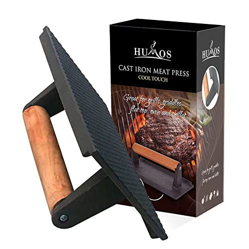 HUMOS Pre Seasoned Cast Iron Meat Press Cool Touch Wooden Handle 8”x4” Heavy Duty for Paninis, Crispy Bacon, Evenly Cooked Steak, Healthier Burgers, Sandwiches and Vegetables