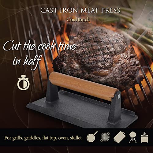 HUMOS Pre Seasoned Cast Iron Meat Press Cool Touch Wooden Handle 8”x4” Heavy Duty for Paninis, Crispy Bacon, Evenly Cooked Steak, Healthier Burgers, Sandwiches and Vegetables