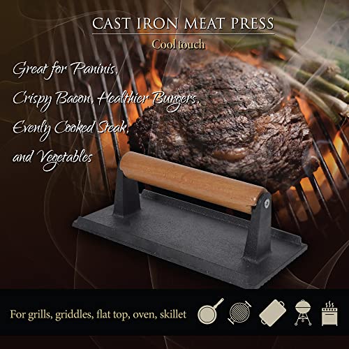 HUMOS Pre Seasoned Cast Iron Meat Press Cool Touch Wooden Handle 8”x4” Heavy Duty for Paninis, Crispy Bacon, Evenly Cooked Steak, Healthier Burgers, Sandwiches and Vegetables