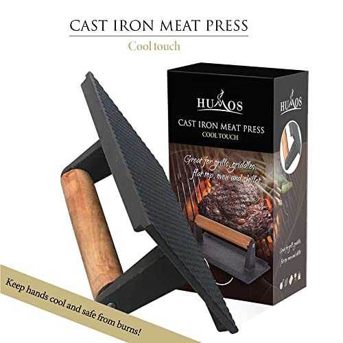 HUMOS Pre Seasoned Cast Iron Meat Press Cool Touch Wooden Handle 8”x4” Heavy Duty for Paninis, Crispy Bacon, Evenly Cooked Steak, Healthier Burgers, Sandwiches and Vegetables