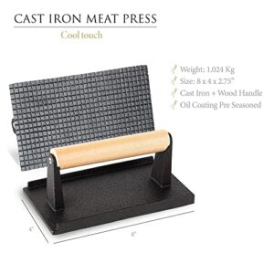 HUMOS Pre Seasoned Cast Iron Meat Press Cool Touch Wooden Handle 8”x4” Heavy Duty for Paninis, Crispy Bacon, Evenly Cooked Steak, Healthier Burgers, Sandwiches and Vegetables