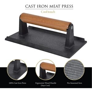 HUMOS Pre Seasoned Cast Iron Meat Press Cool Touch Wooden Handle 8”x4” Heavy Duty for Paninis, Crispy Bacon, Evenly Cooked Steak, Healthier Burgers, Sandwiches and Vegetables