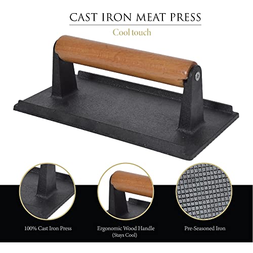 HUMOS Pre Seasoned Cast Iron Meat Press Cool Touch Wooden Handle 8”x4” Heavy Duty for Paninis, Crispy Bacon, Evenly Cooked Steak, Healthier Burgers, Sandwiches and Vegetables