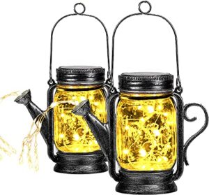 yeuago 2 pack outdoor ground plug solar lights mason jar solar lights, watering can lights with 45 led string lights and ground plugs for garden patio terrace walkway garden party decor gifts