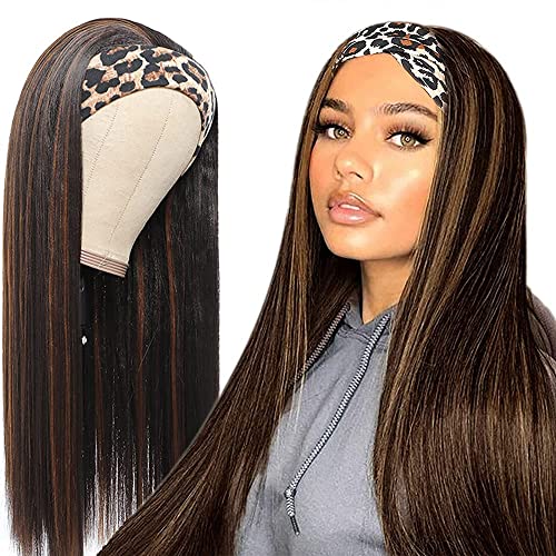 AnglesBeauty Headband Wig for Women 24 Inch Black/Brown Long Highlights Straight Headband Wig, Premium Syntheric Headband Wig Natural Glueless None Lace Front Wigs with Headbands & Wig Caps (24 Inch, Black/Brown)