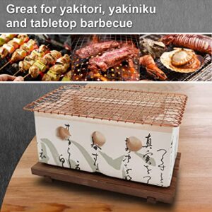 TIKUSAN Table Top Charcoal Grill, Shichirin with Wire Mesh Grill and Wooden Base Made in Japan Original Japanese Design White Middle Size