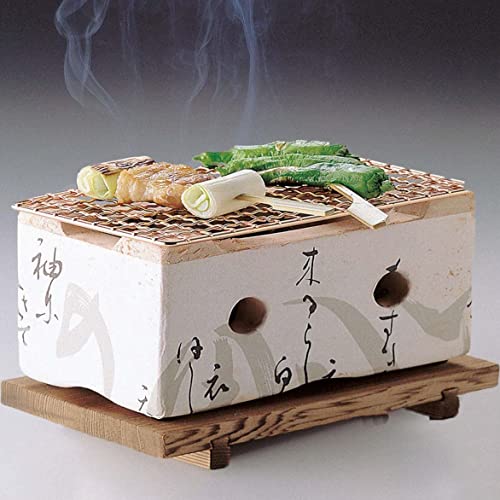 TIKUSAN Table Top Charcoal Grill, Shichirin with Wire Mesh Grill and Wooden Base Made in Japan Original Japanese Design White Middle Size