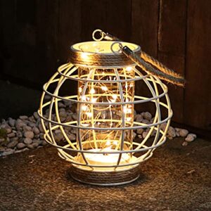 7.5" white battery operated metal cage lantern with led fairy lights, decorative table lamp with timer function for indoor use