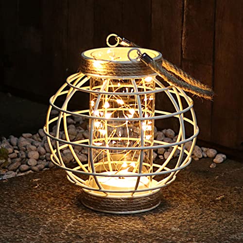 7.5" White Battery Operated Metal Cage Lantern with LED Fairy Lights, Decorative Table Lamp with Timer Function for Indoor Use