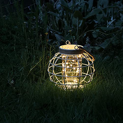 7.5" White Battery Operated Metal Cage Lantern with LED Fairy Lights, Decorative Table Lamp with Timer Function for Indoor Use