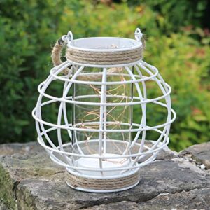 7.5" White Battery Operated Metal Cage Lantern with LED Fairy Lights, Decorative Table Lamp with Timer Function for Indoor Use