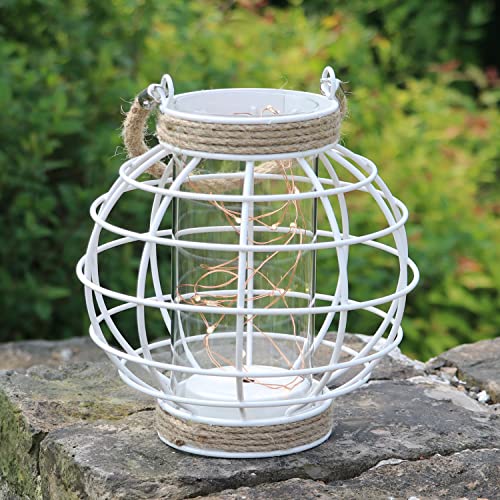 7.5" White Battery Operated Metal Cage Lantern with LED Fairy Lights, Decorative Table Lamp with Timer Function for Indoor Use