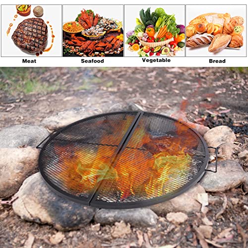 Lineslife X-Marks Fire Pit Cooking Grill Grates Portable, Heavy Duty Folding Round Campfire Grill Grate with Handles for Outdoor BBQ Cooking, Black 30 Inch