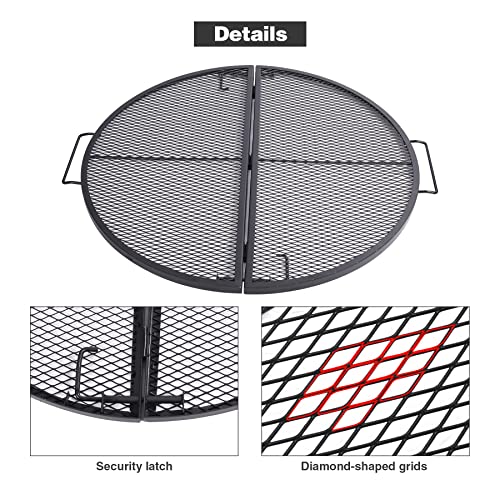 Lineslife X-Marks Fire Pit Cooking Grill Grates Portable, Heavy Duty Folding Round Campfire Grill Grate with Handles for Outdoor BBQ Cooking, Black 30 Inch