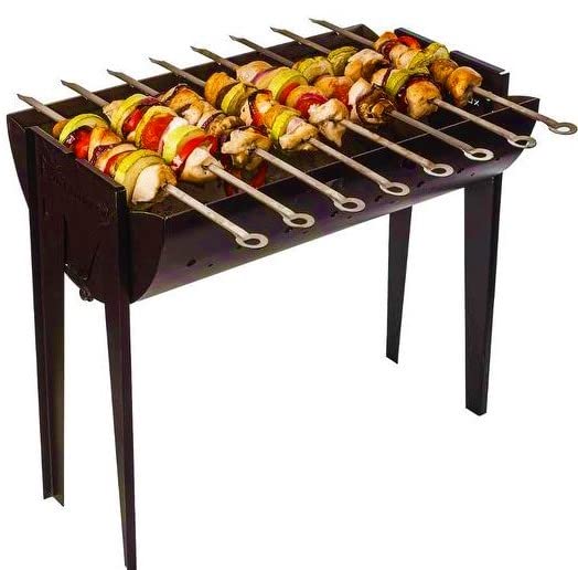 Mangal Grill Folding Steel 2mm Portable with 8 Shashlik Skewers - Bbq Kabob Kebab Grill Charcoal Firesense Barbecue - Brazier Shish Kebab Grill Mangal - Brazilian Kabob Manghal Armenian