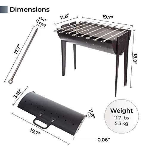 Mangal Grill Folding Steel 2mm Portable with 8 Shashlik Skewers - Bbq Kabob Kebab Grill Charcoal Firesense Barbecue - Brazier Shish Kebab Grill Mangal - Brazilian Kabob Manghal Armenian