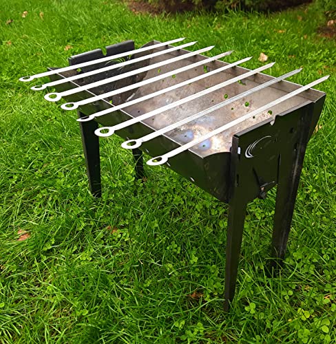 Mangal Grill Folding Steel 2mm Portable with 8 Shashlik Skewers - Bbq Kabob Kebab Grill Charcoal Firesense Barbecue - Brazier Shish Kebab Grill Mangal - Brazilian Kabob Manghal Armenian