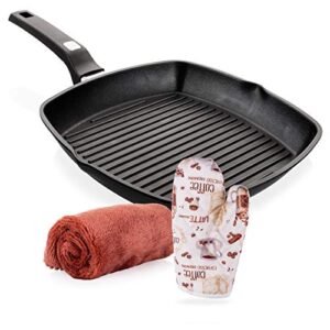 moss & stone griddle aluminum nonstick stove top square grill pan,chef quality perfect for meats steak fish and vegetables,dishwasher safe,11 inch, black (comes with a special cloth and gloves)