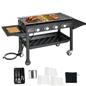 giantex 36" flat top gas grill, 4 burner propane cooking griddle station with 2 foldable side tables, bottom shelf, built-in cutting board, professional outdoor gas griddle for restaurant camping
