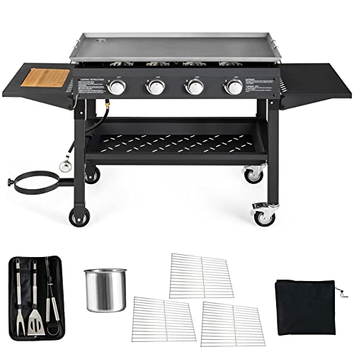 Giantex 36" Flat Top Gas Grill, 4 Burner Propane Cooking Griddle Station with 2 Foldable Side Tables, Bottom Shelf, Built-in Cutting Board, Professional Outdoor Gas Griddle for Restaurant Camping