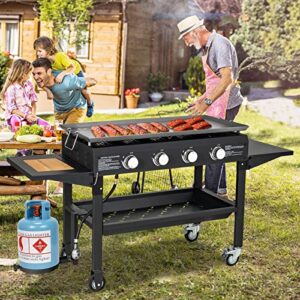 Giantex 36" Flat Top Gas Grill, 4 Burner Propane Cooking Griddle Station with 2 Foldable Side Tables, Bottom Shelf, Built-in Cutting Board, Professional Outdoor Gas Griddle for Restaurant Camping