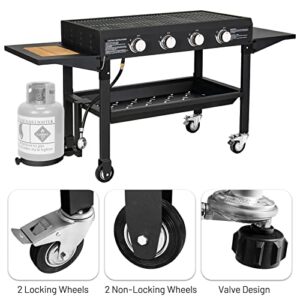 Giantex 36" Flat Top Gas Grill, 4 Burner Propane Cooking Griddle Station with 2 Foldable Side Tables, Bottom Shelf, Built-in Cutting Board, Professional Outdoor Gas Griddle for Restaurant Camping